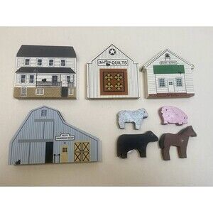 8pc Cat's Meow Village 1991 OHIO AMISH SERIES Signed Faline Pus Animals